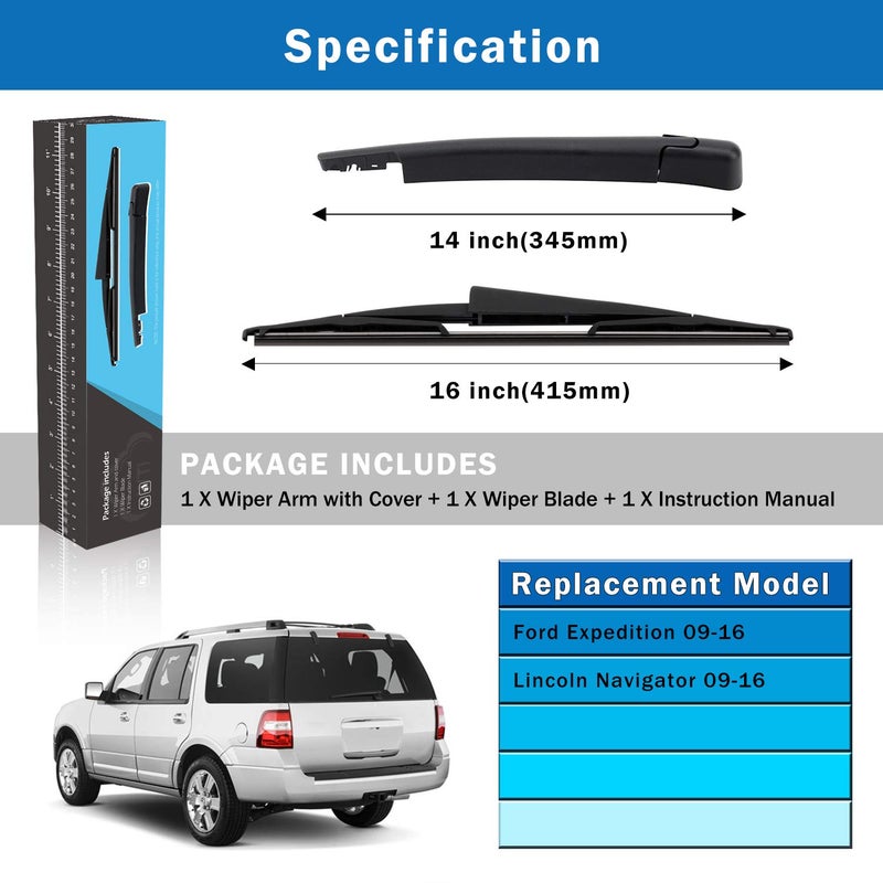 WTI Rear Wiper Arm Blade Set Compatible With Ford Expedition 2009-2016 / Compatible With Lincoln Navigator 2009-2016 SUV Rear Windshield Window Wiper Kits Assembly New Fit 9L1Z17526A 9L1Z17526B - Image 5